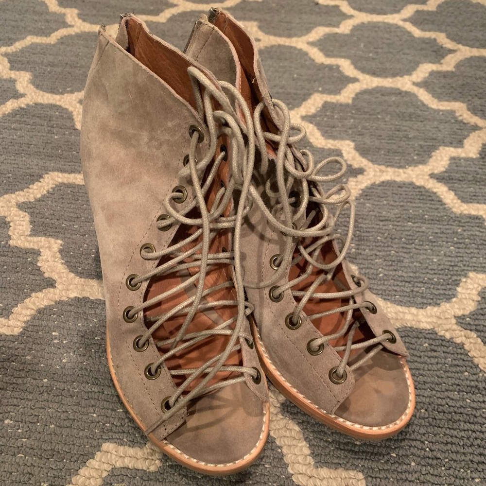 Jeffrey Campbell lace-up booties. Taupe suede. Excellent condition.